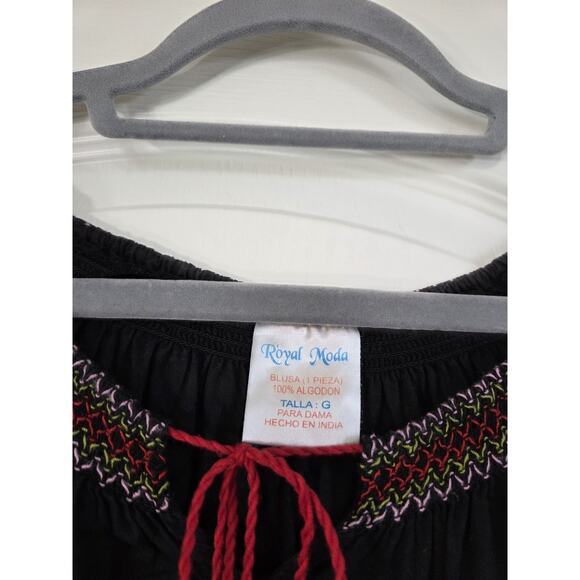 Royal Moda Black Cross-Stitch Floral Embroidered Boho Peasant Blouse, Size Large - Picture 2 of 11